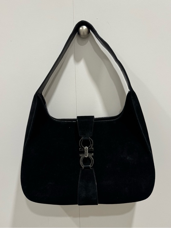 Salvatore Ferragamo Handbags - Vintage Salvatore Ferragamo black suede hobo shoulder bag with silver hardware